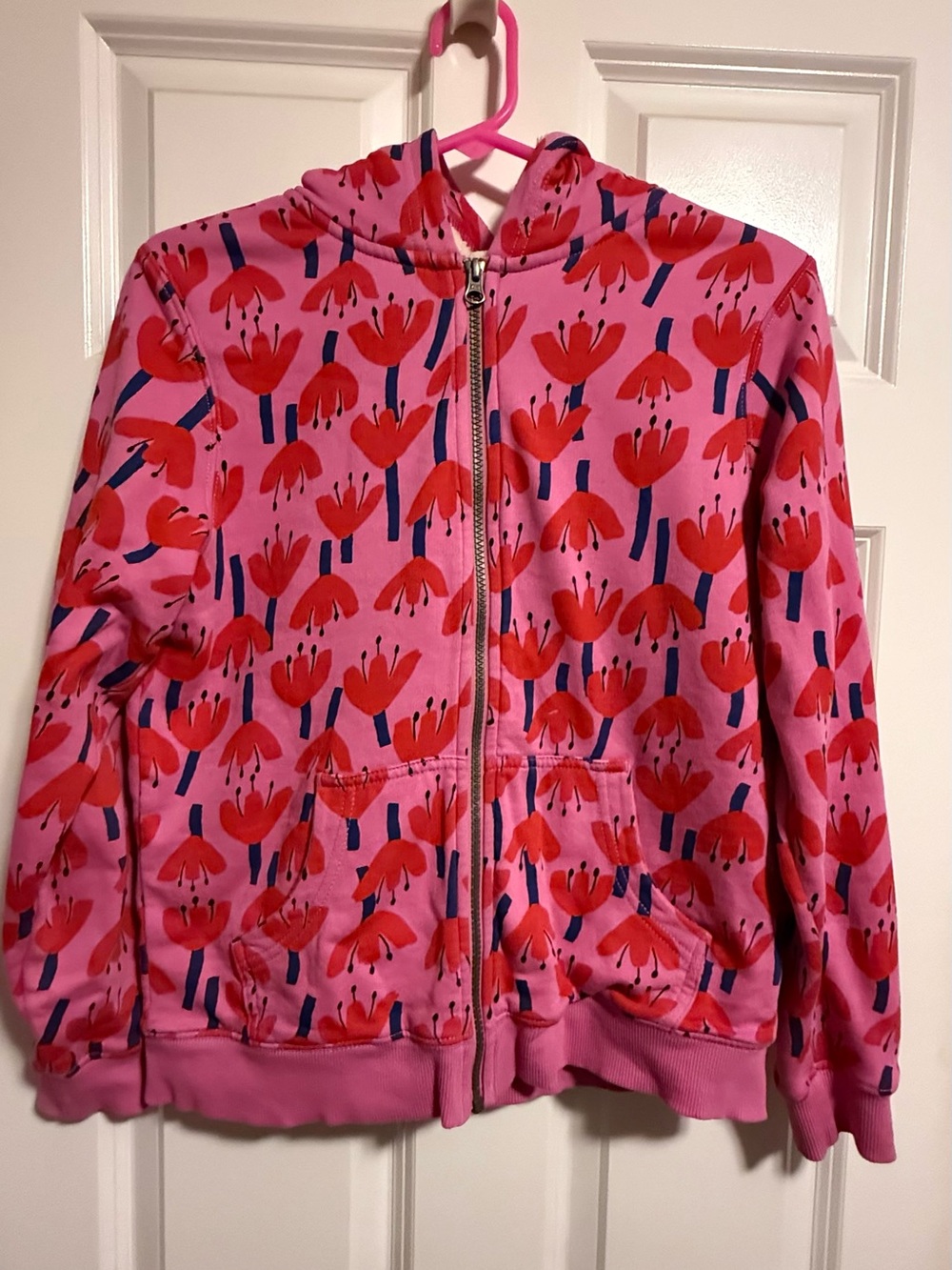 Hanna Andersson Pink Zip Hoodie with Red Floral Print